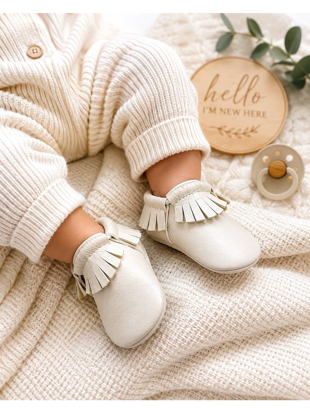 Freshly Picked Ivory Leather Fringe Moccasins Newborn Size 0